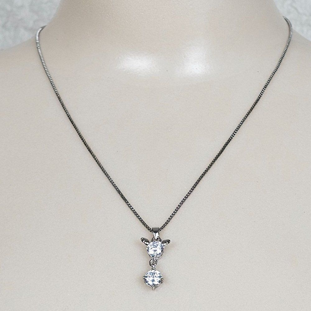 S 925 Sterling Silver Cubic Zirconia‎ Drop Pendant Box Chain Necklace Cat Mouse